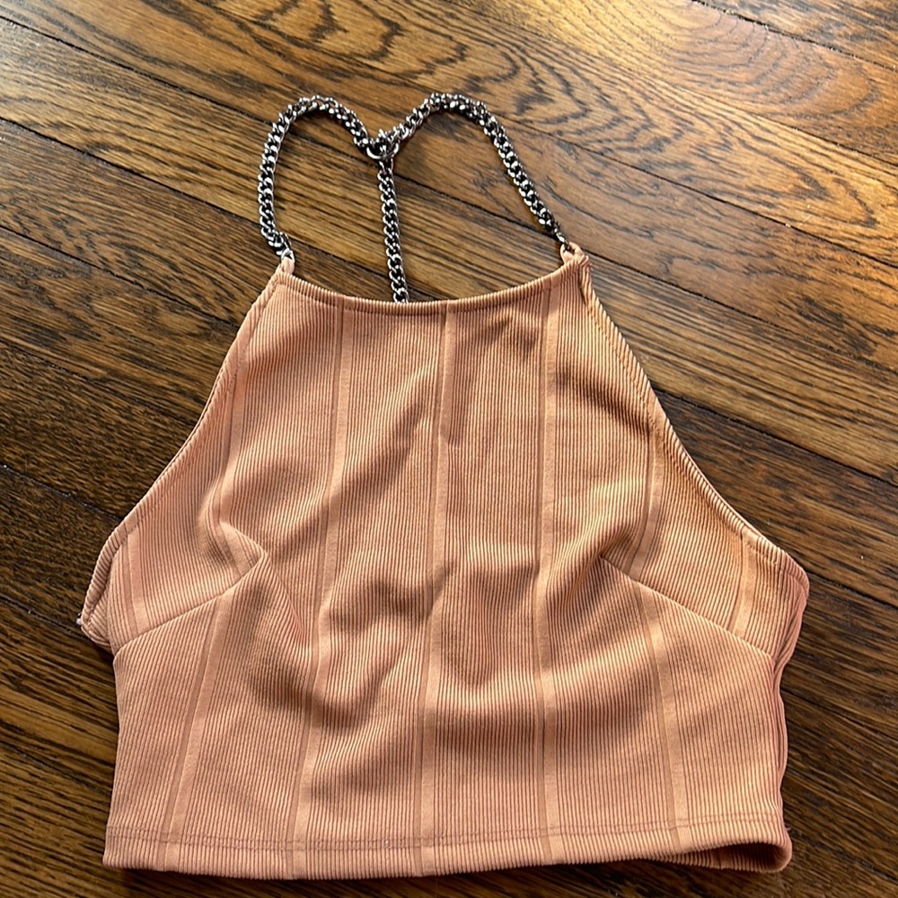 Top shop tan crop top with chain neck